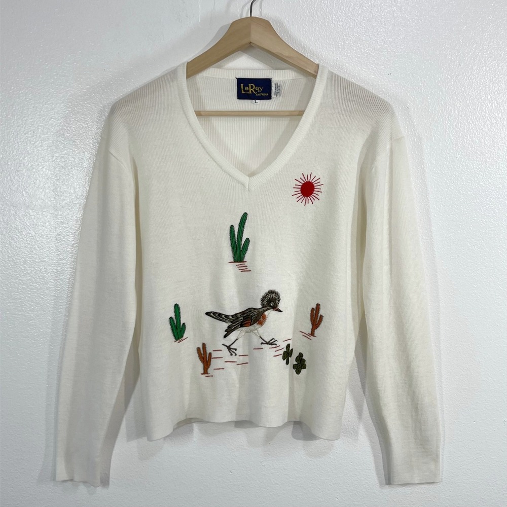 Vintage LeRoy Knitwear Women's L White Desert Roadrunner Cactus V-Neck Sweater